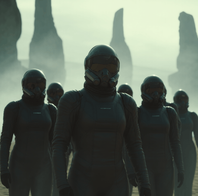 a group of space explorers on a planet