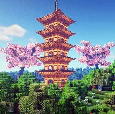 Minecraft pagoda structure exploring architecture and creativity with Sakura trees