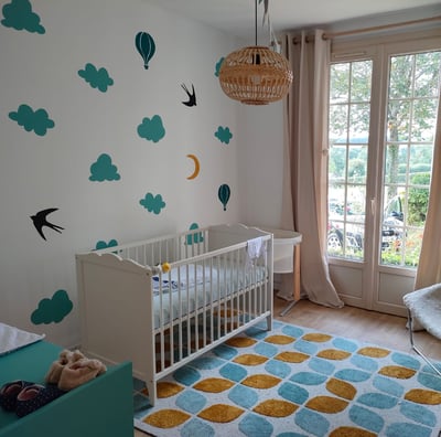 Fresque au pochoir Fresh Fresque Caen Normandie dans chambre d'enfant, nuages et oiseaux tons bleus