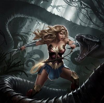 wonder woman fighting a giant snake in the amazon forest