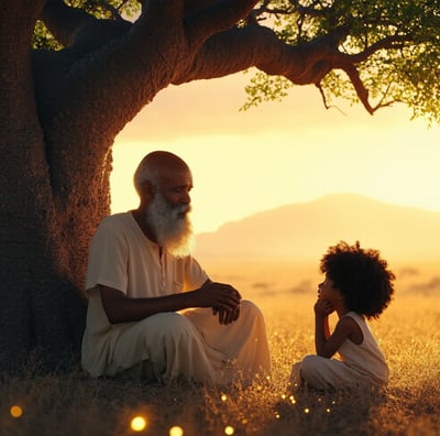 a wise man and a little girl under a boabab tree surrounded by fireflies