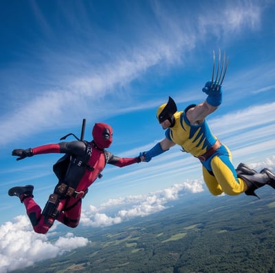 deadpool and wolverine hodling hands while sky diving