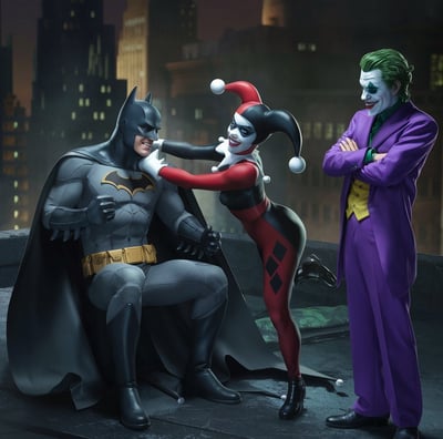 batman, harley quinn, and joker having fun