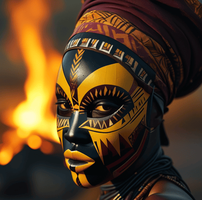 a woman with a painted face and a african tribal mask