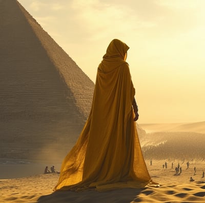 a mysterious figure in a yellow robe standing in front of a pyramid