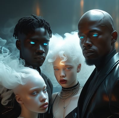 a group of magical people standing around a woman with blue eyes