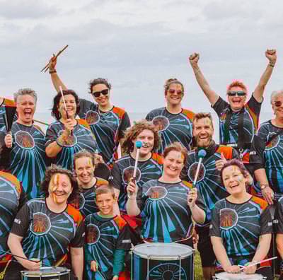 DrumDin group photo at Whitley Bay Carnival 2025