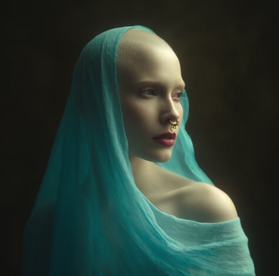 a woman with a blue veil and a blue veiled head