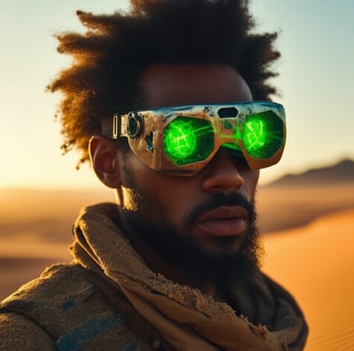 a black man with a beard and futuristic glasses