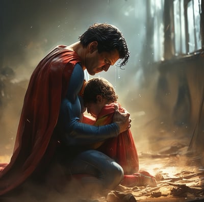 a man in a superman suit is holding a child
