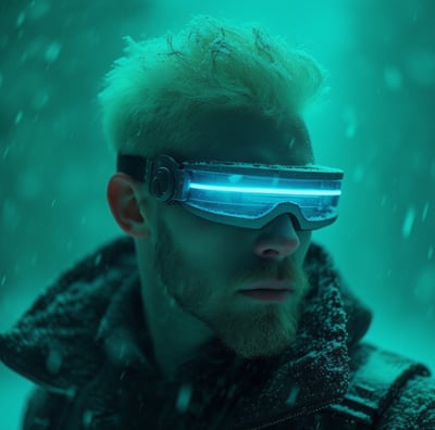 a man with a beard and goggles on his face