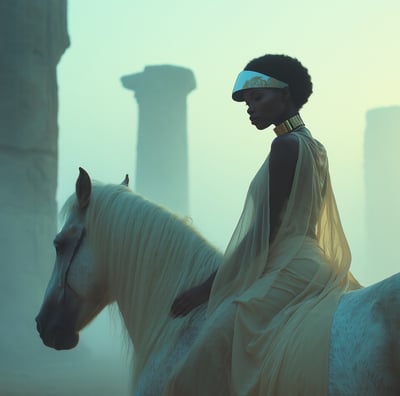 a woman in a white dress riding a horse