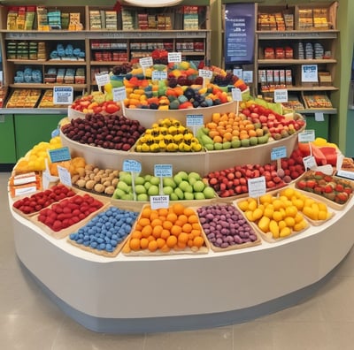 A selection of four small round snacks is arranged on a dark surface, each topped with different ingredients: cashews, banana slices, strawberries, and diced cantaloupe. To the right, a blue and white floral-patterned cup filled with black coffee sits on a white embroidered napkin adorned with fresh daisies.