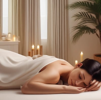 A woman is lying on a blue towel with her eyes closed, receiving a back massage. The hands of the person giving the massage are visible, applying gentle pressure to the woman's upper back.