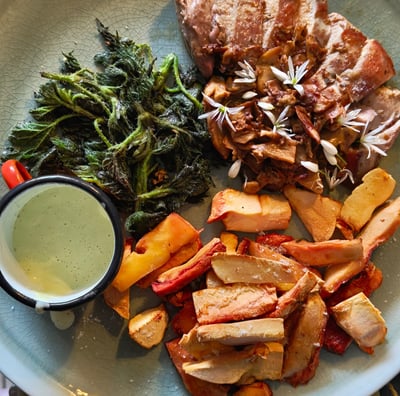 Pheasant breast with nettles, wild garlic mayo and chicken of the woods chips