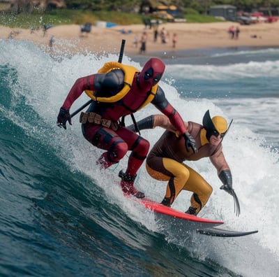 deadpool and wolverine surfing