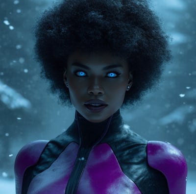 a black woman in a purple outfit with blue eyes