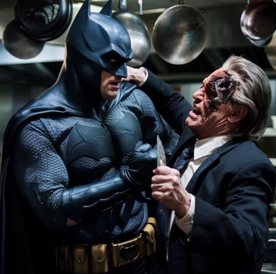 batman and two face fighting in a restaurant kitchen