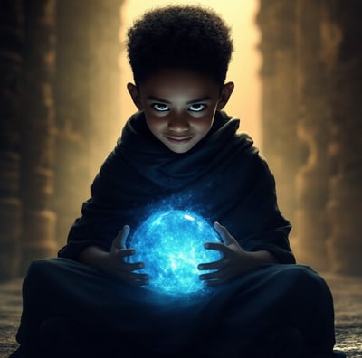 a young boy holding a glowing orb ball