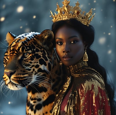 a woman in a gold crown and a leopard