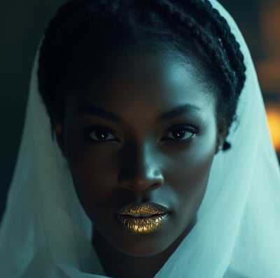 a black woman with gold lips in a white cloak