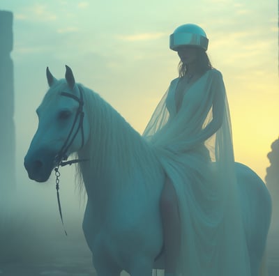 a woman in a white dress riding a horse