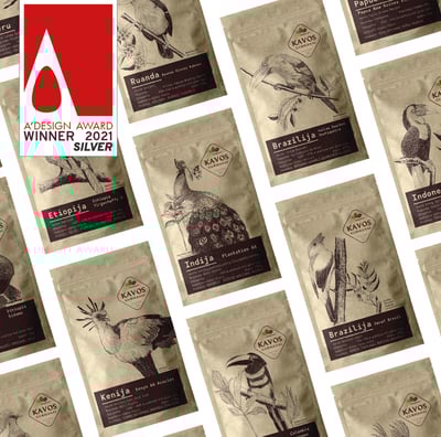 Award winning coffee packagind design, kraft doypacks with dark brown bird illustrations