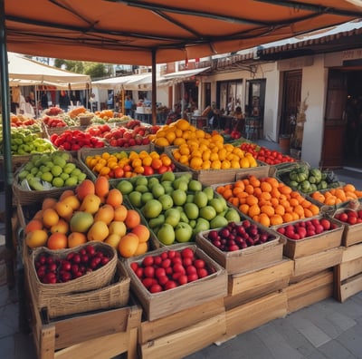 a bunch of fruit and vegetables on display in a small farmers. market
