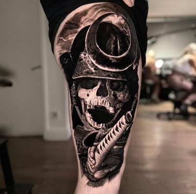 Undead samurai japanese black and grey tattoo on outer leg