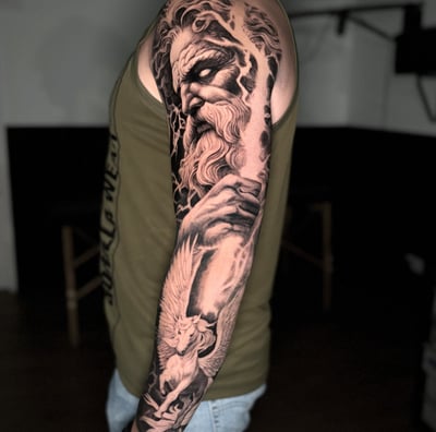 Zeus and Pegasus black and grey greek mythology sleeve tattoo