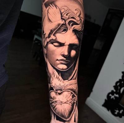 Angel, Dove, Sacred heart black and grey tattoo on forearm