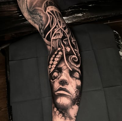 Surrealism Underwater sleeve tattoo black and grey tattoo