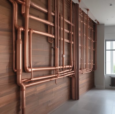 A large, brown metal pipe is installed along the corner of a room. The pipe is supported by several bands of white tape or insulation material. Adjacent to the pipe, a white cloth or towel is hanging on a hook. The walls and ceiling are white, with a textured ceiling pattern, and there are visible cables or wires near the pipe.