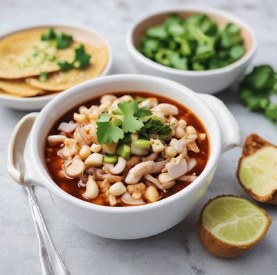 A black and white market setting with several people lined up at a food stall decorated with the word 'Bienvenidos'. The stall offers Mexican cuisine with items like tacos and breakfast burritos visible on signs. Industrial light fixtures hang from the ceiling, and there are various signs and menus displayed.