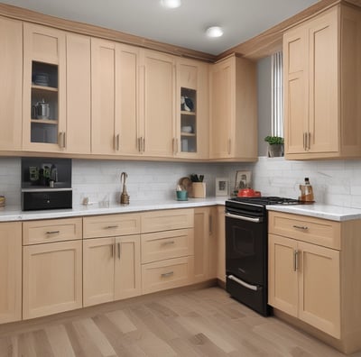 A spacious kitchen with wooden cabinetry and modern appliances, including a stainless steel refrigerator and dishwasher. The countertop is dark granite, and there is a large window above the sink allowing natural light to enter. Recessed lighting in the ceiling provides additional illumination. The flooring appears to be tile with a neutral design.