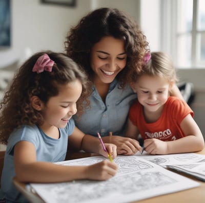 Five young children appear to be reading from various colorful books with illustrations on the covers. The children are seated closely together, engrossed in their books. Each child has distinct hair color and expression, contributing to a playful and whimsical atmosphere.