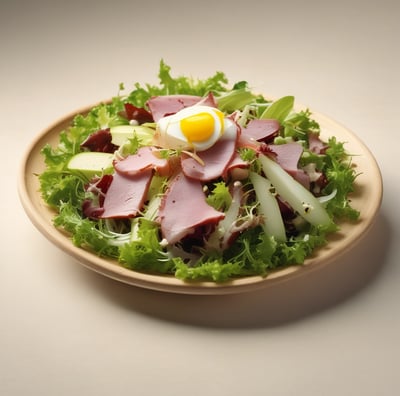 Salad of smoked duck with frisée, stilton and pears.