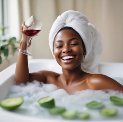 A serene spa setting with three beauty product tubes displayed prominently on a small round table. In the background, a person relaxing in a bathtub with a towel wrapped around their head and sunglasses.