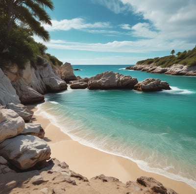 Aerial view of a tropical beach resort surrounded by lush greenery. Small villas are lined up along a pristine white sand beach, flanked by palm trees. The clear turquoise water of the sea gently laps the shoreline, providing a serene backdrop. A swimming pool is visible on the right, adding to the luxurious setting.