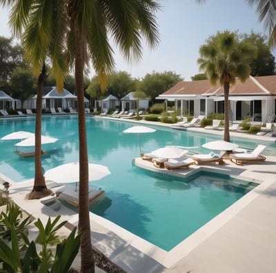 A luxurious resort with a large swimming pool surrounded by lounge chairs and umbrellas. Palm trees are scattered throughout the area, with white buildings in the background and the ocean visible at the horizon.