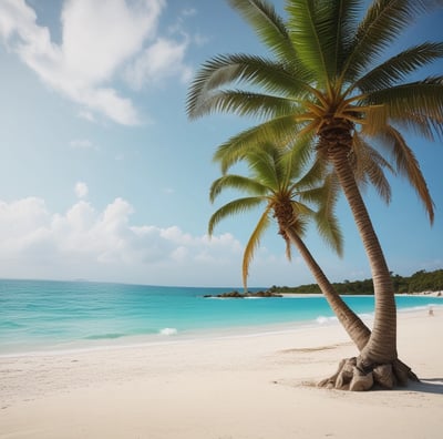 A sandy beach with scattered lounge chairs under an expansive blue sky with wispy clouds. A large resort hotel with vibrant orange and brown tones is situated on the left side, bordered by green palm trees. Waves gently lap against the shore, and a few people are visible enjoying the coastal setting.