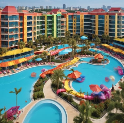 A large, modern hotel building with a glass facade is situated near a beach. The sandy shoreline stretches alongside a calm sea, with a number of people enjoying the sunny weather. Palm trees line the promenade, adding to the coastal atmosphere, and the sky is mostly clear with some light clouds.