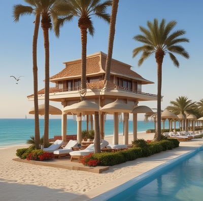 A beachfront resort with a large, elegant building featuring multiple stories and balconies, surrounded by palm trees. The foreground consists of a white sandy beach with scattered lounge chairs and umbrellas. The sky is clear with a few clouds, indicating a sunny day.