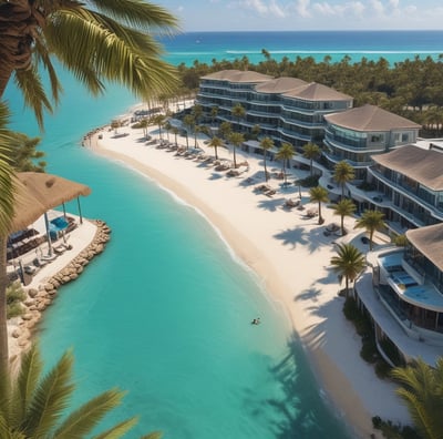 A coastal scene featuring a wide sandy beach stretching alongside a line of tall beachfront hotels and high-rise buildings. The beach is sparsely populated with people enjoying the sun and the waves. Soft waves roll onto the shore, and there are partially cloudy skies with a warm, hazy sunlight.