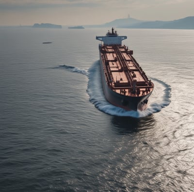 A large cargo ship is navigating the water, stacked with red shipping containers labeled 'SHIN YANG.' A smaller vessel is moving alongside by the port, leaving a trail in the water. In the background, cranes and industrial structures are visible against a somewhat cloudy sky.