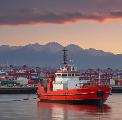 A maritime patrol vessel with the identification 'GC 77' is navigating through waters. The ship's hull is marked with the word 'PREFECTURA' and an anchor symbol. The vessel is set against a backdrop of greenery and urban architecture, with flags visible near the top.