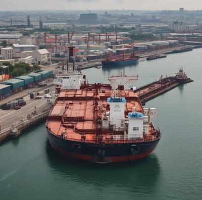 A large naval patrol ship docked at a harbor with a Union Jack flag flying at the stern. The ship is marked with the identifier P223. Nearby, there are blue cargo containers and buildings in the background under a clear sky.