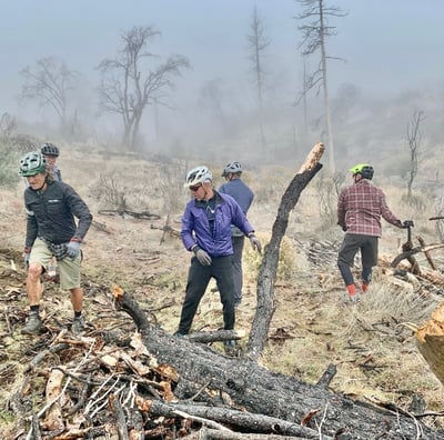 a group of people standing around a pile of logs