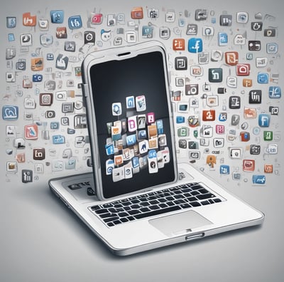 A smartphone displaying a social media profile is placed on a wooden table next to a laptop. The profile includes a picture, name, and details about a creator and photographer. The blue and white interface is visible on the phone screen.