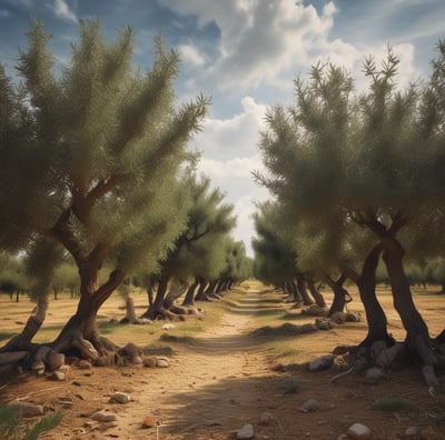 Bottles of extra virgin olive oil are displayed in a plastic crate with a handwritten sign showing the price of €7.80. Next to it, there is another crate filled with walnuts, also with a price sign indicating €7.90 per kilogram. The setup is placed outdoors, possibly near a rustic wall with potted plants nearby.